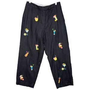 Saint Tropez West Pants Womens Linen Black‎ Sz 10 Embroidered Drinks Vacation